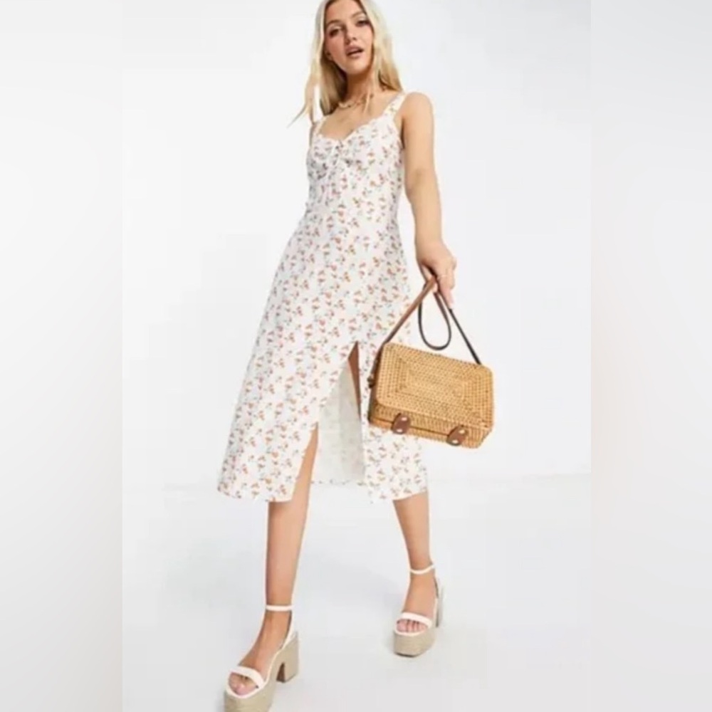 Abercrombie Cinch Front Dress in White Peach Print Size Small